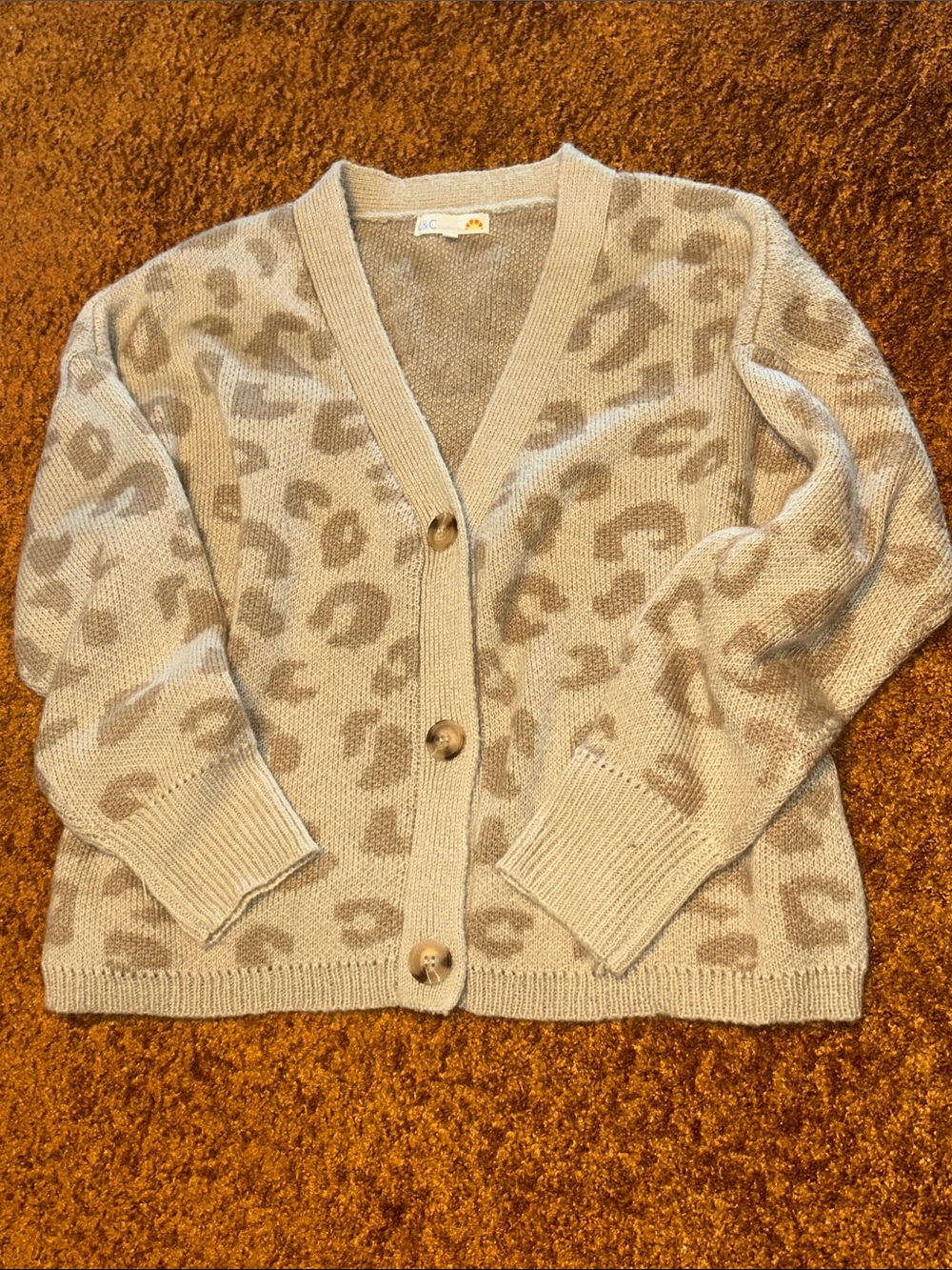 C&C California Beige Leopard-Print Button Cardigan